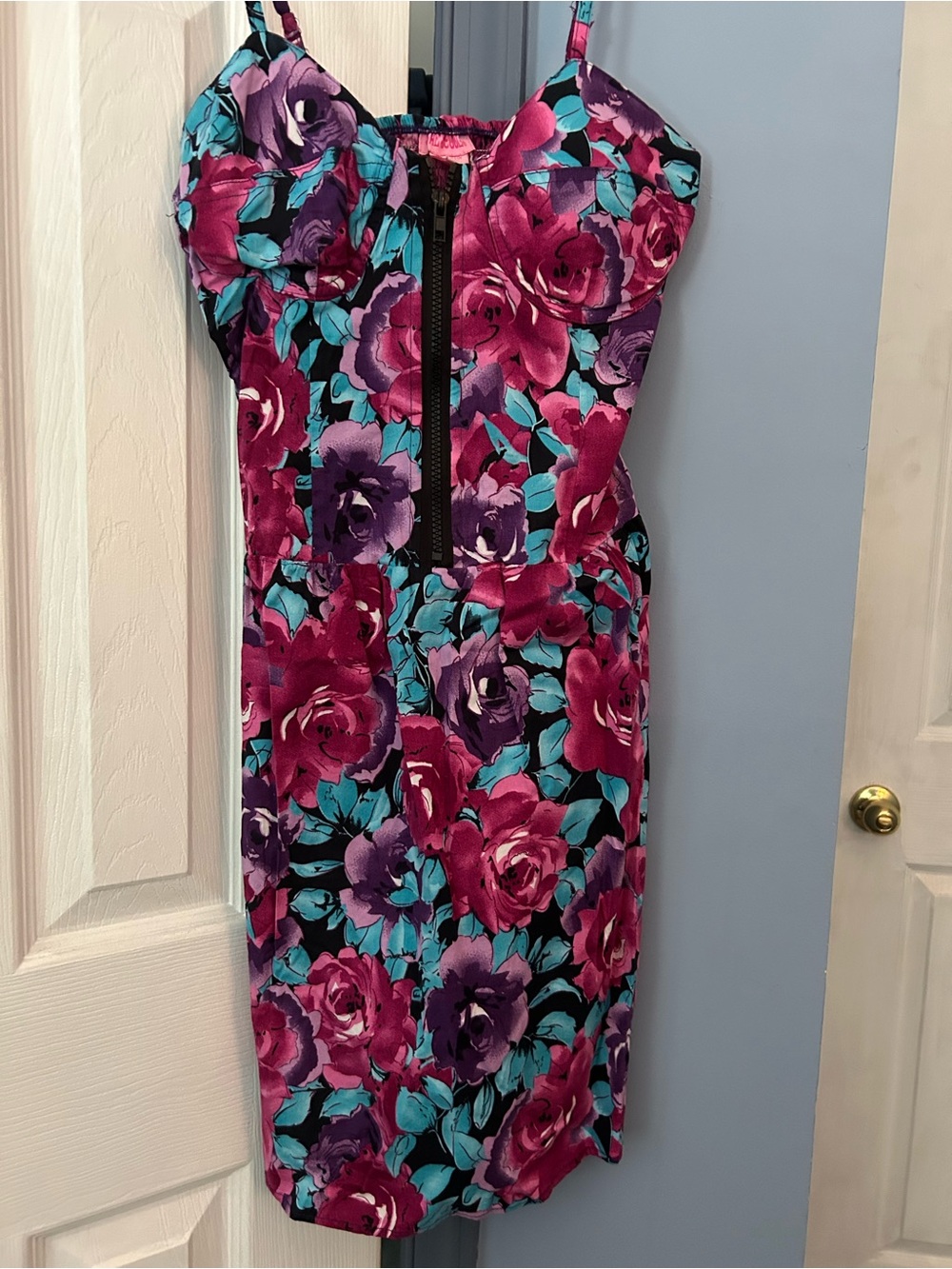 Floral Bodycon Dress with Zipper Front - Pink & Purple